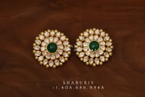 Emerald stud,polki stud,polki diamond jewelry in silver,big studs,indian jewelry,statement jewelry-SHABURIS