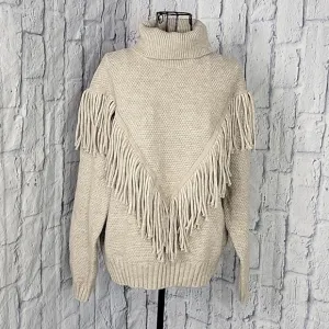 ENTRO Light Tan Turtleneck Fringed Oversized Sweater Small