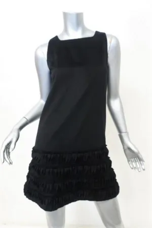 Ermanno Scervino Dress Black Angora Size 38 Sleeveless Ruffle-Trim Shift