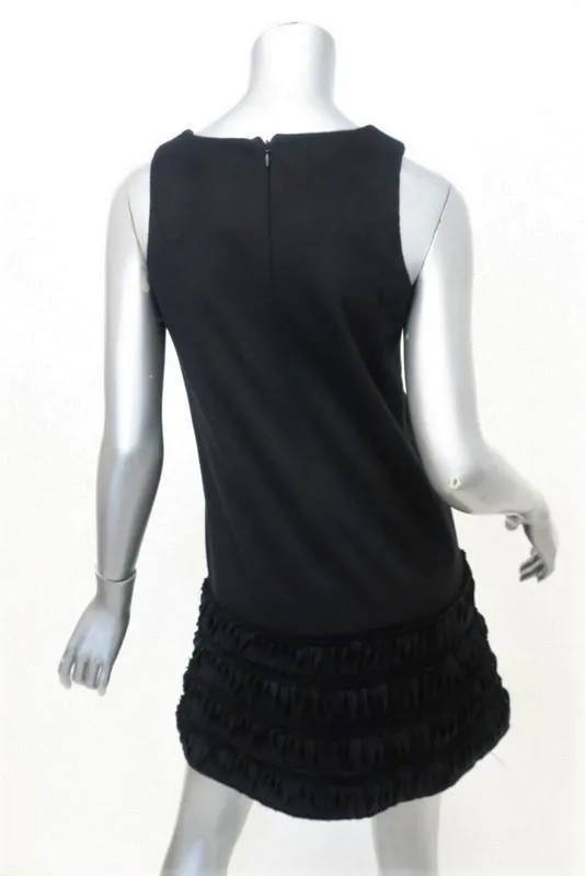 Ermanno Scervino Dress Black Angora Size 38 Sleeveless Ruffle-Trim Shift