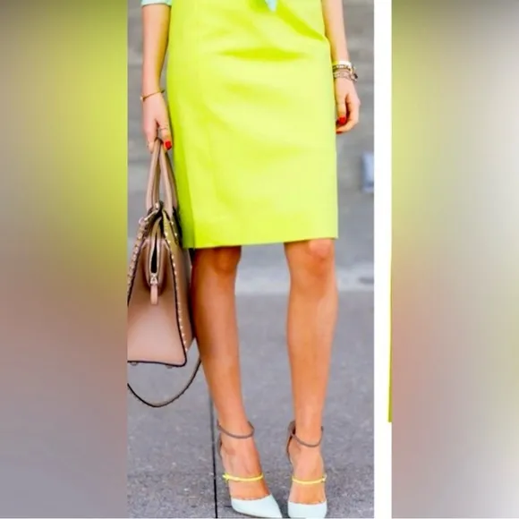 EUC J Crew No. 2 Pencil Career Skirt Double Cotton Neon Yellow Lime🍋‍🟩 Size 6
