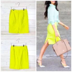 EUC J Crew No. 2 Pencil Career Skirt Double Cotton Neon Yellow Lime🍋‍🟩 Size 6
