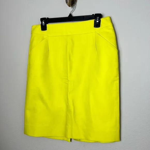 EUC J Crew No. 2 Pencil Career Skirt Double Cotton Neon Yellow Lime🍋‍🟩 Size 6
