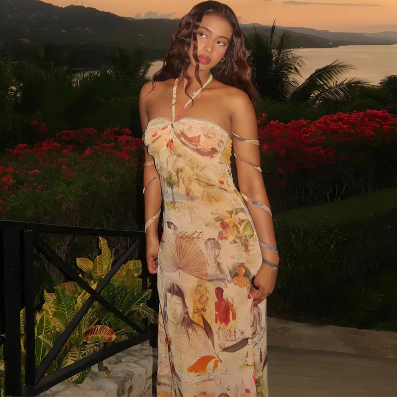 European And American-Style2023Summer New Women's Fashion Printed Chest-Wrapped Lace-up Halterneck Slim-Fit Long Dress for Women Wholesale