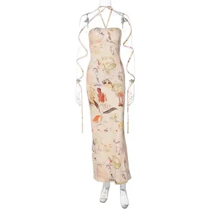 European And American-Style2023Summer New Women's Fashion Printed Chest-Wrapped Lace-up Halterneck Slim-Fit Long Dress for Women Wholesale