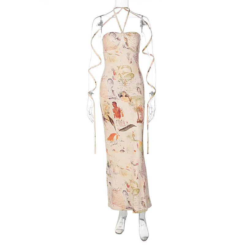 European And American-Style2023Summer New Women's Fashion Printed Chest-Wrapped Lace-up Halterneck Slim-Fit Long Dress for Women Wholesale