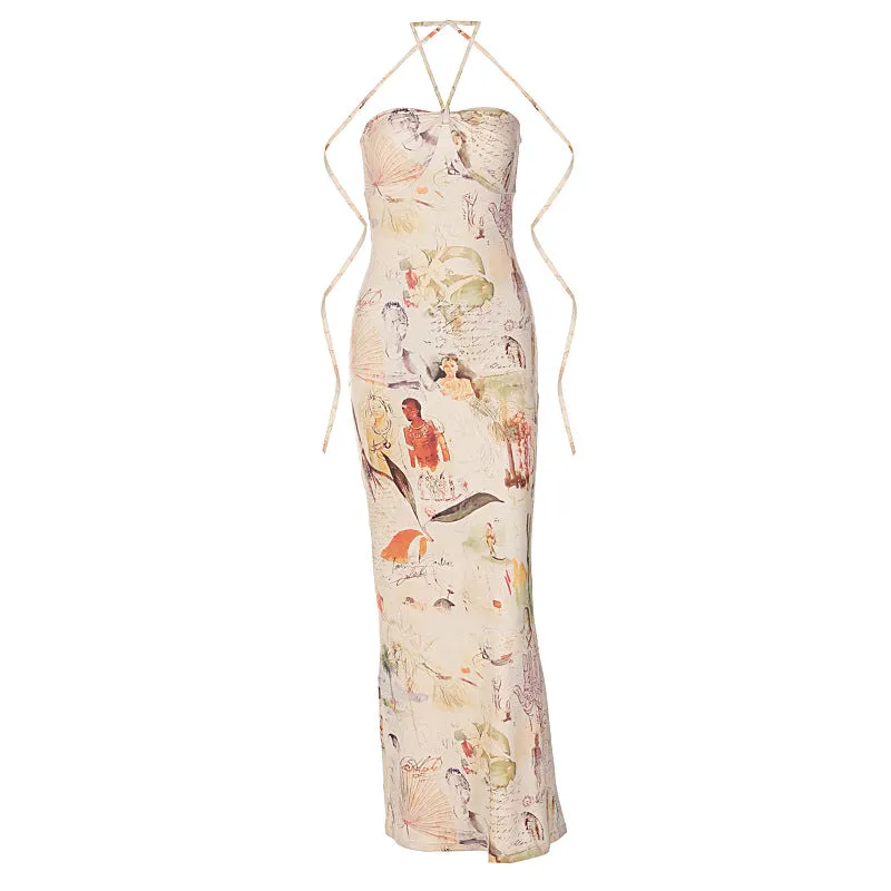 European And American-Style2023Summer New Women's Fashion Printed Chest-Wrapped Lace-up Halterneck Slim-Fit Long Dress for Women Wholesale