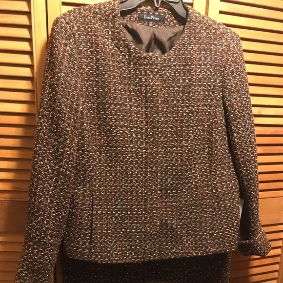 Evan-Picone Brown, Orange/Gold Boucle Tweed Skirt Suit