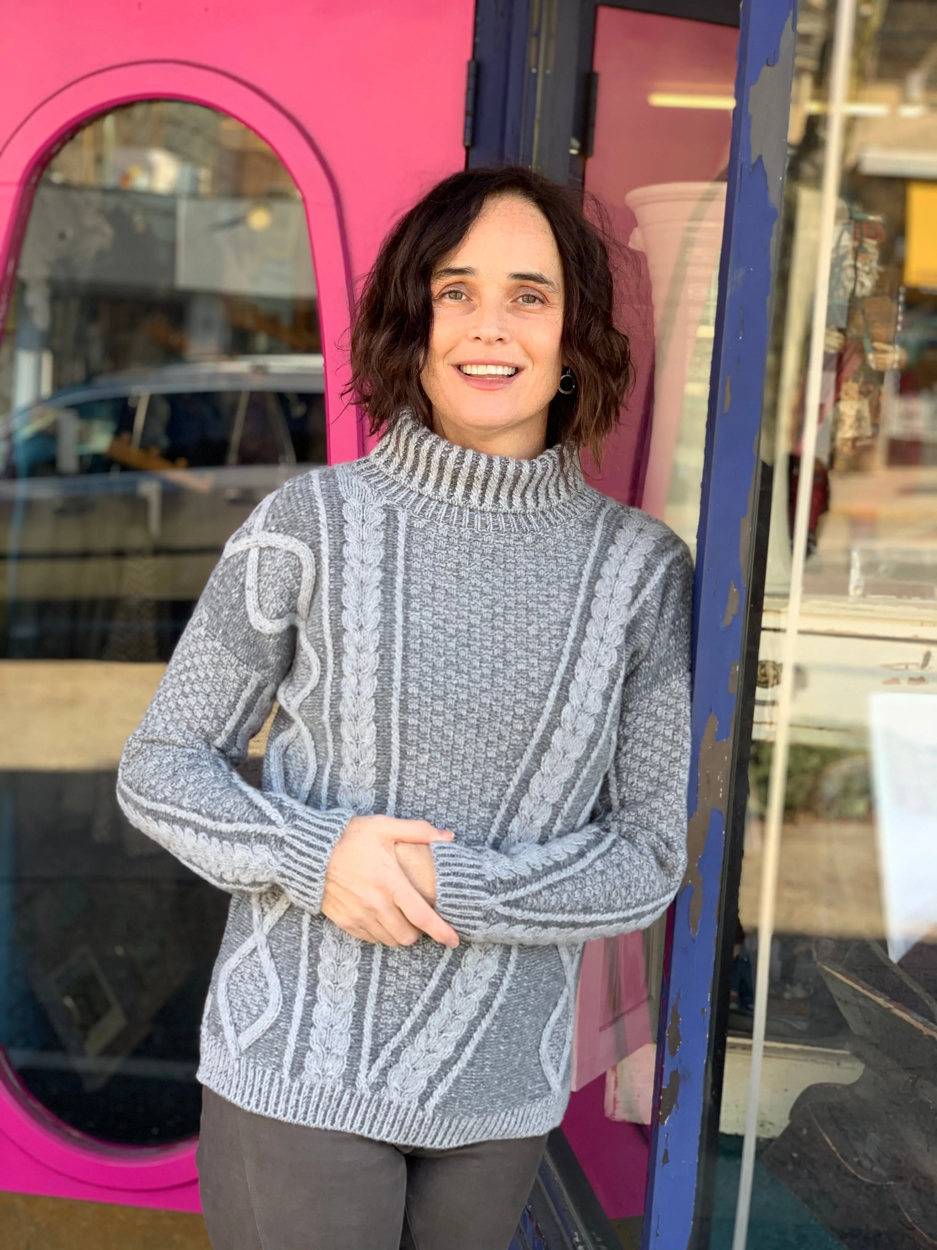 Fisherman Ladies Lambswool  2 Tone Cable Polo Neck Sweater
