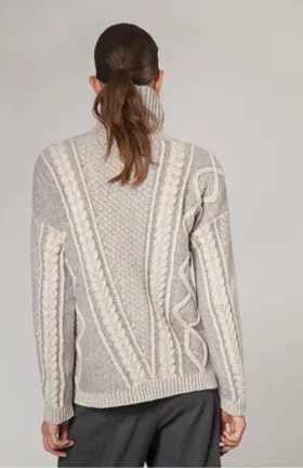 Fisherman Ladies Lambswool  2 Tone Cable Polo Neck Sweater