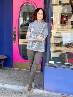 Fisherman Ladies Lambswool  2 Tone Cable Polo Neck Sweater