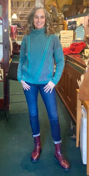 Fisherman Ladies Lambswool  2 Tone Cable Polo Neck Sweater