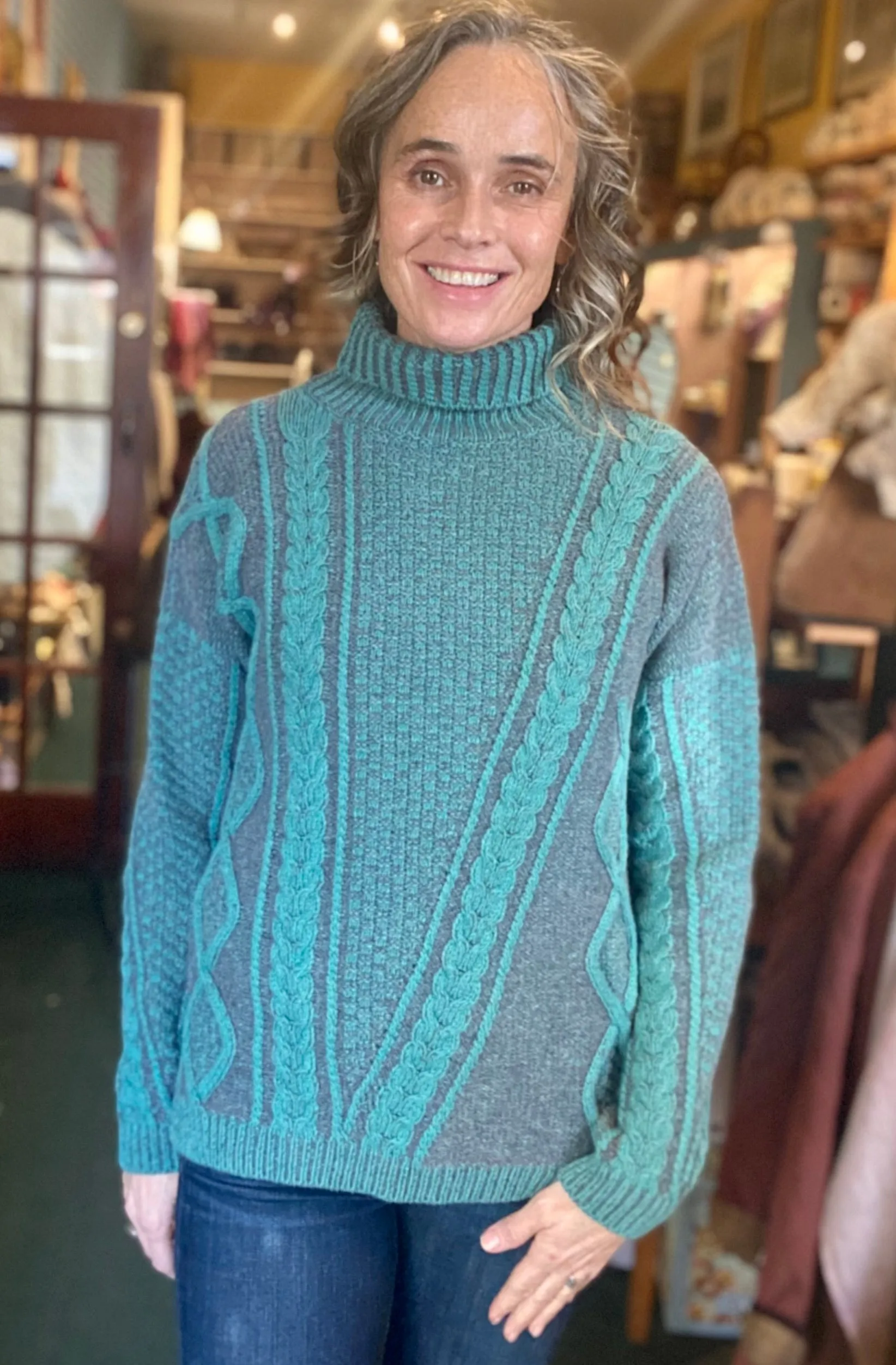 Fisherman Ladies Lambswool  2 Tone Cable Polo Neck Sweater