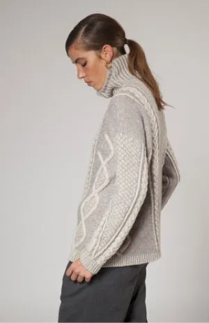 Fisherman Ladies Lambswool  2 Tone Cable Polo Neck Sweater