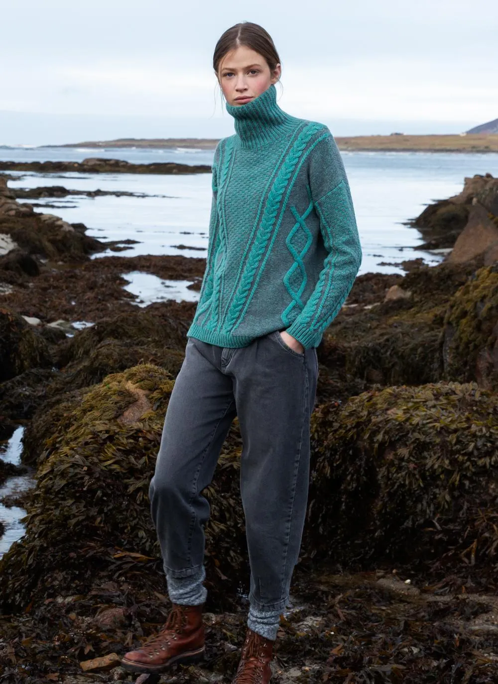 Fisherman Ladies Lambswool  2 Tone Cable Polo Neck Sweater