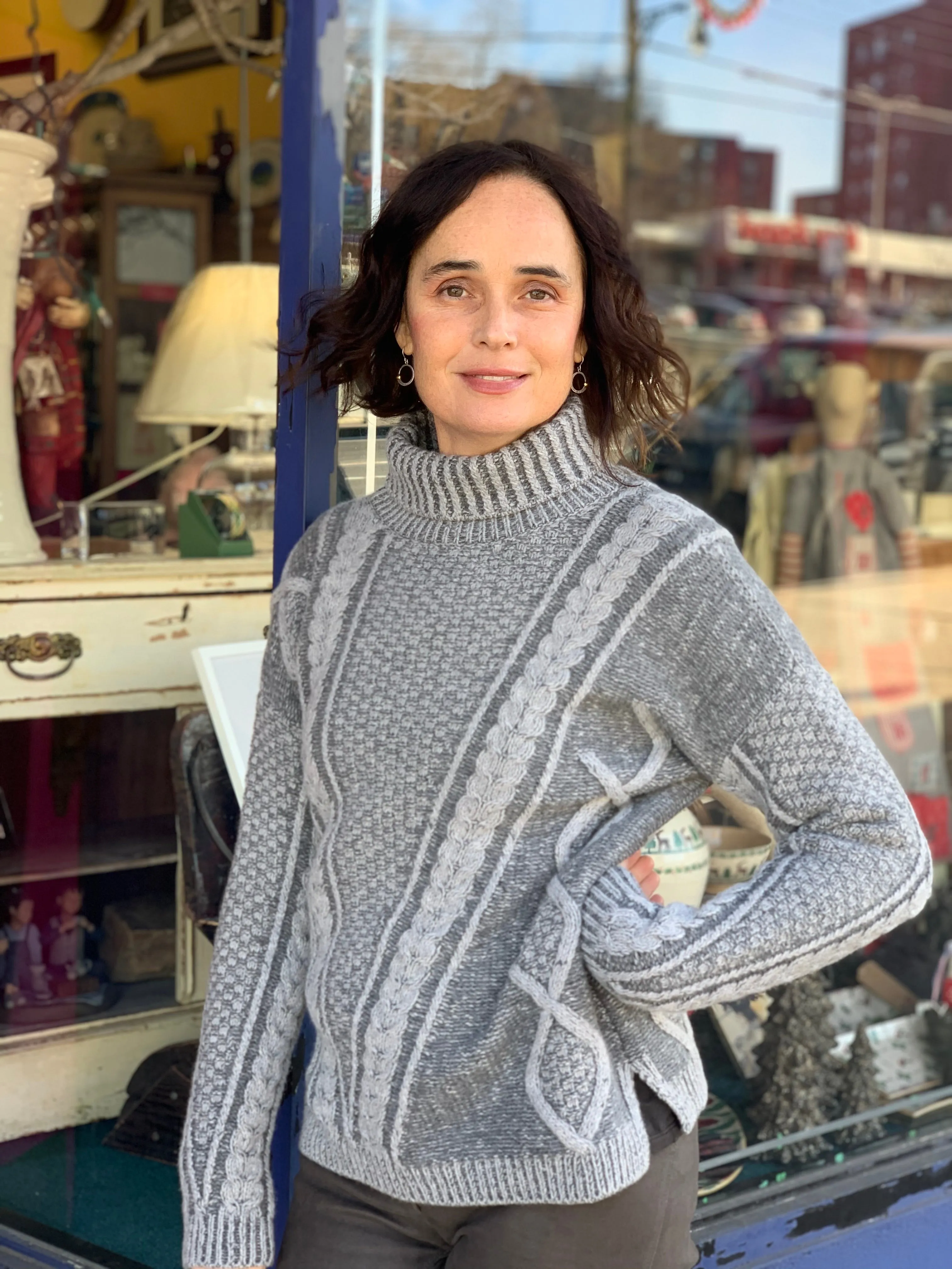 Fisherman Ladies Lambswool  2 Tone Cable Polo Neck Sweater