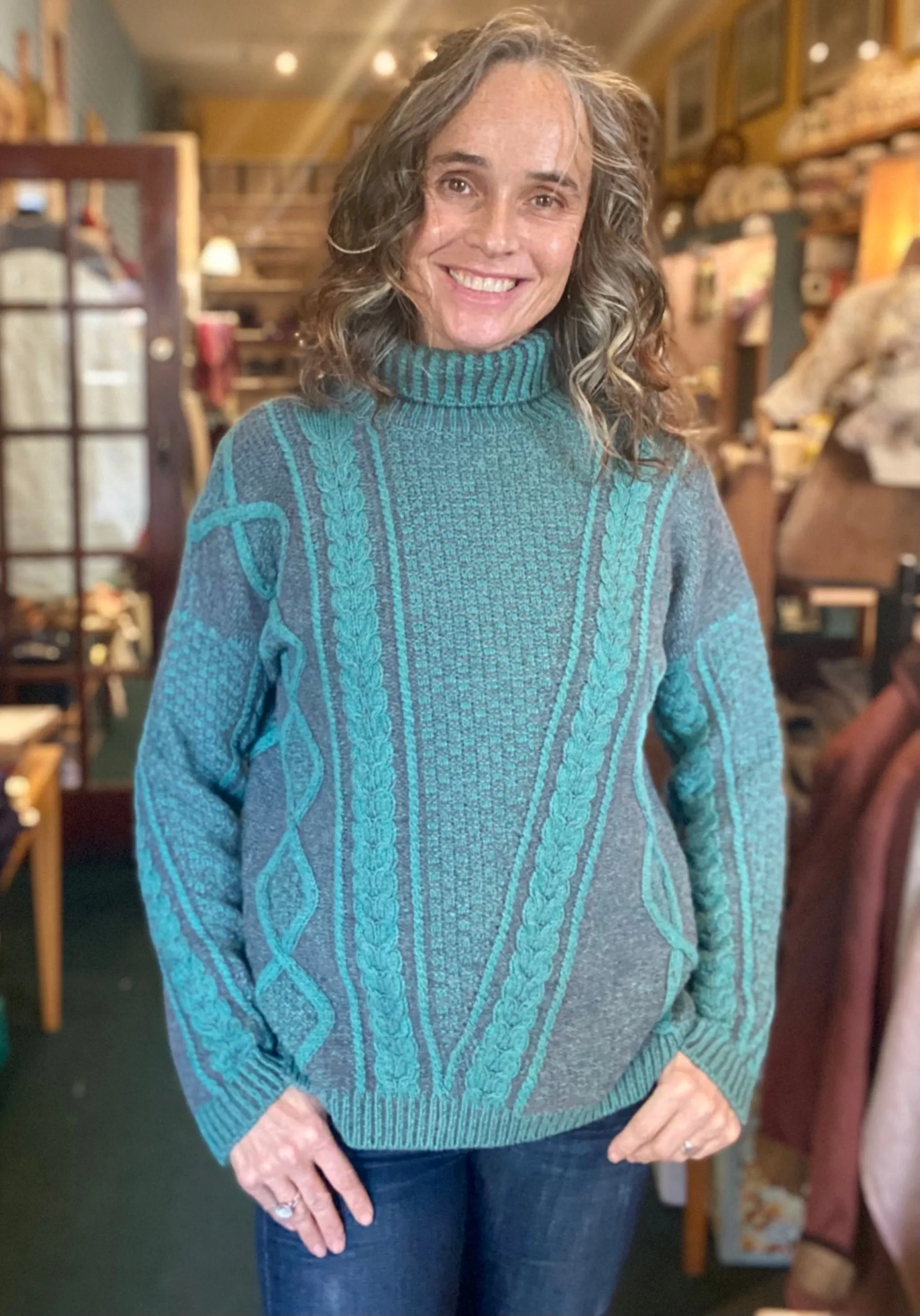 Fisherman Ladies Lambswool  2 Tone Cable Polo Neck Sweater