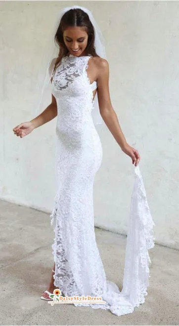 Fit and Flare Keyhole Back Split Lace Wedding Dress