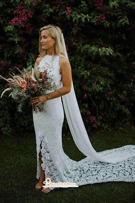 Fit and Flare Keyhole Back Split Lace Wedding Dress