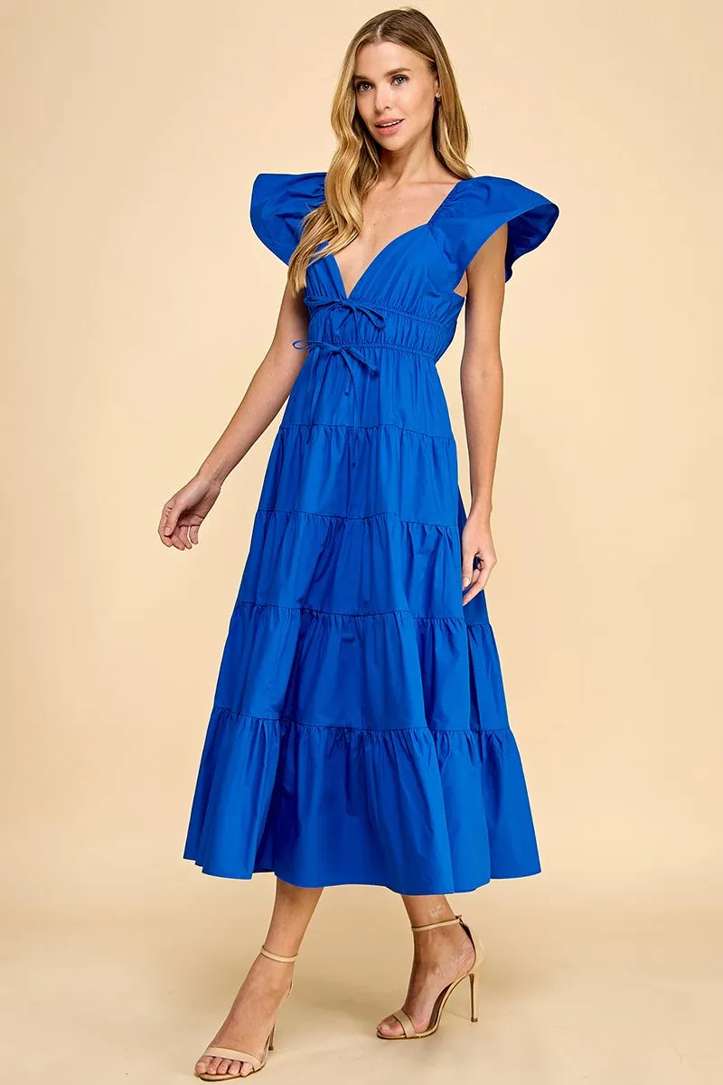 Fit and Flare Ruffled Shoulders Midi Dress