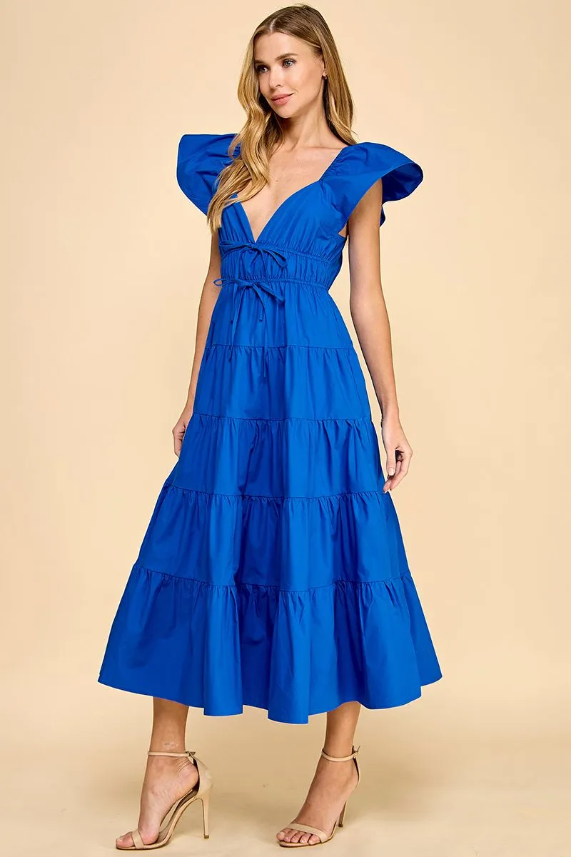 Fit and Flare Ruffled Shoulders Midi Dress