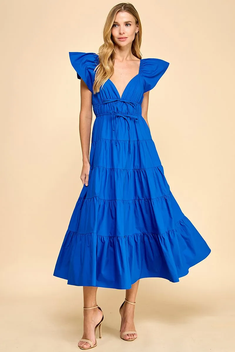 Fit and Flare Ruffled Shoulders Midi Dress