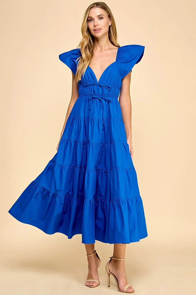 Fit and Flare Ruffled Shoulders Midi Dress