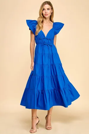 Fit and Flare Ruffled Shoulders Midi Dress