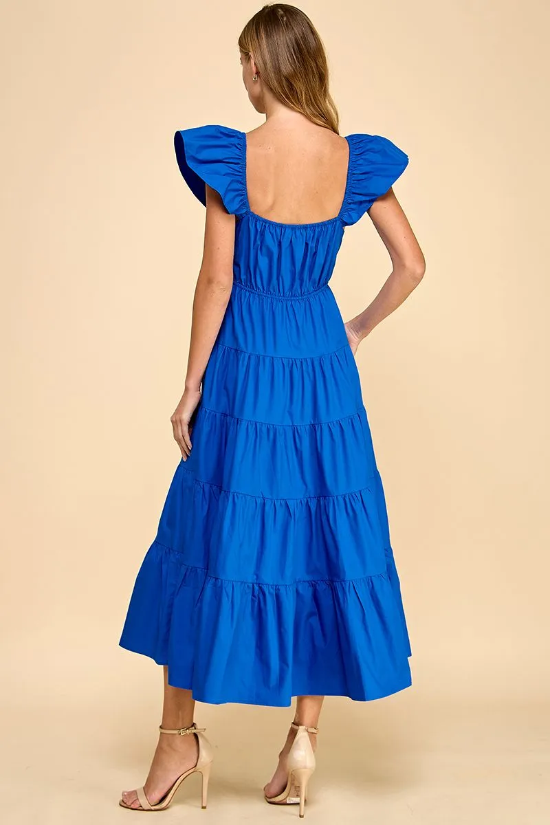 Fit and Flare Ruffled Shoulders Midi Dress