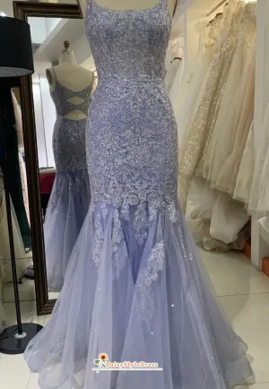 Fit and Flare Square Neckline Lavender Prom Dress