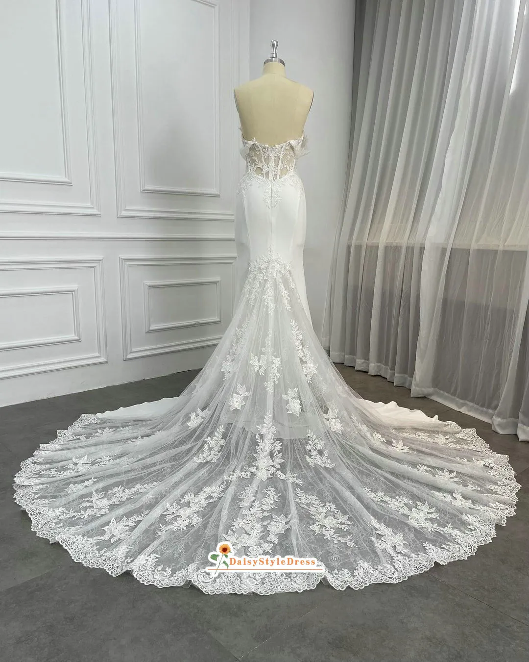 Fit-Flare Sheer Lace Off Shoulder Sleeve Wedding Dress