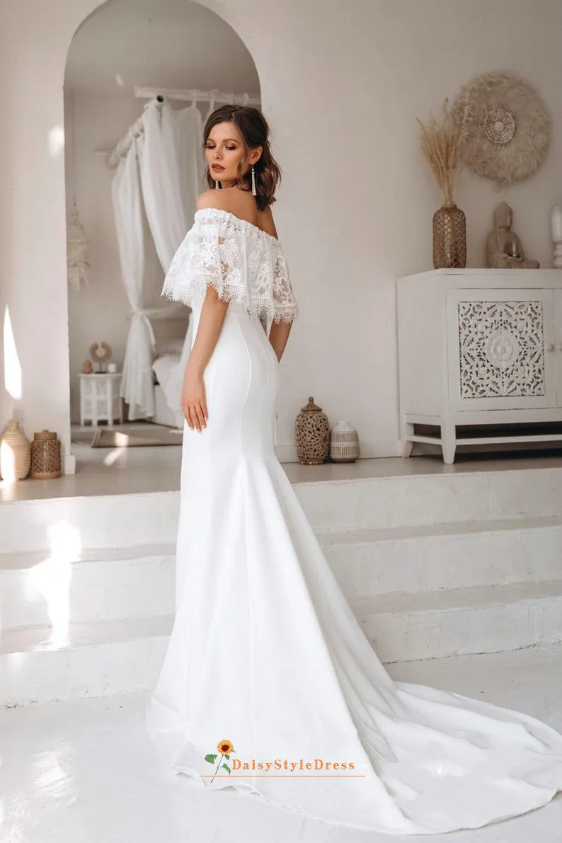 Fitted and Flare Off Shoulder Sleeves Boho Wedding Dress