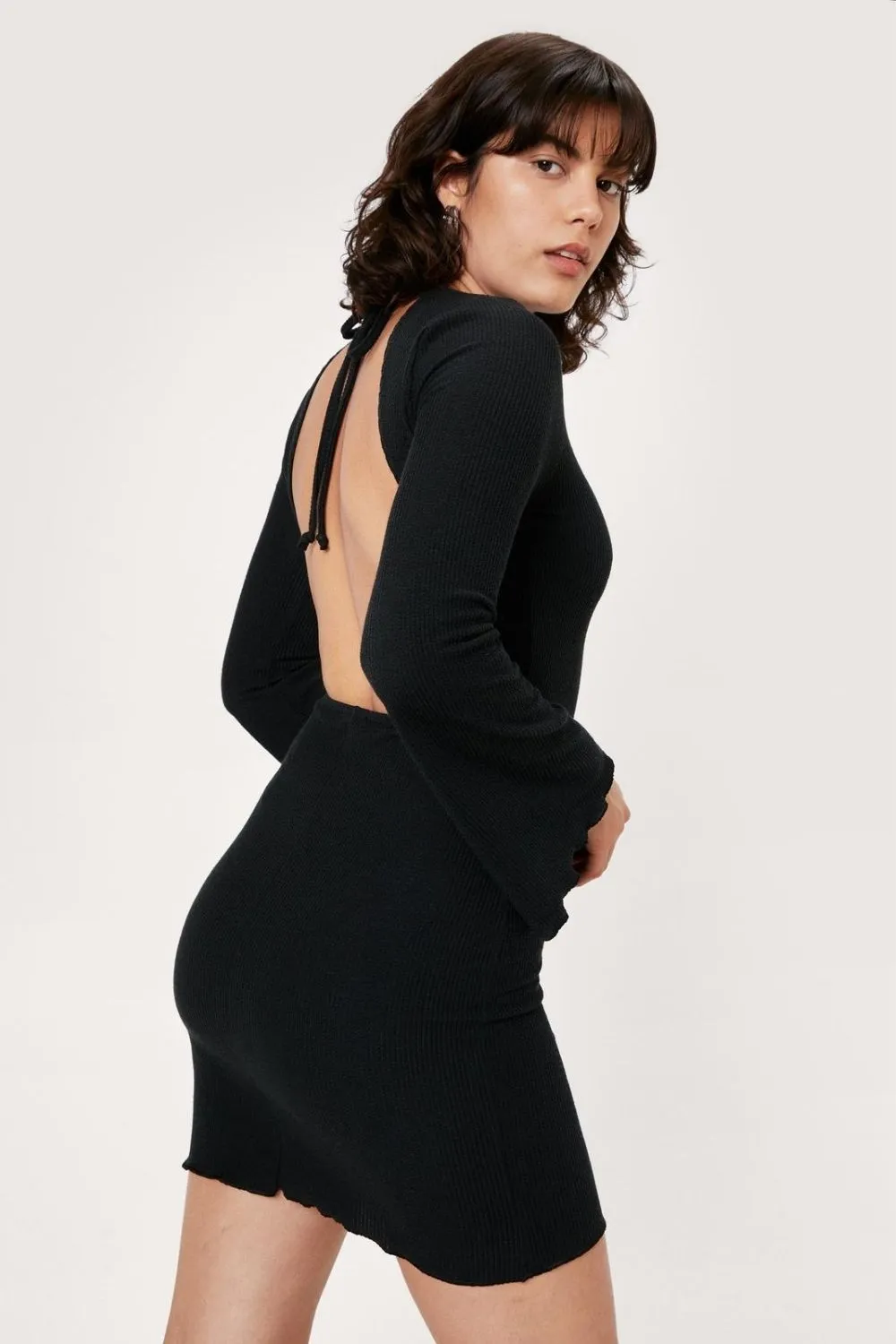 Flare Sleeve Backless Mini Dress