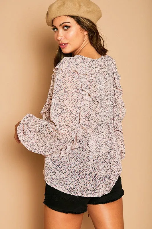 Flower Printed Ruffle Blouse
