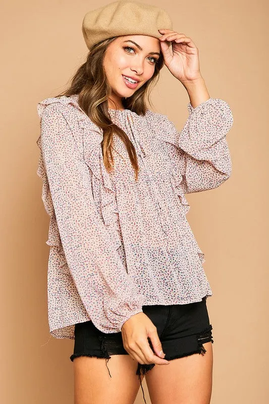 Flower Printed Ruffle Blouse