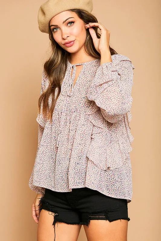 Flower Printed Ruffle Blouse