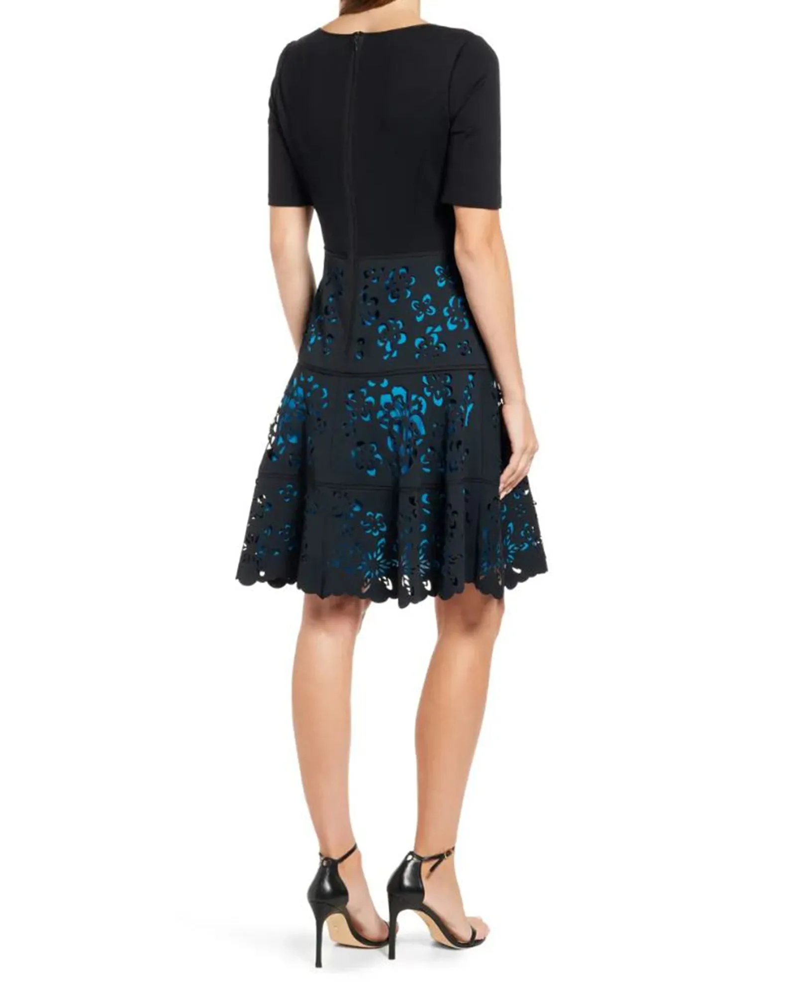 FOCUS by Shani — Laser Cut Ponte Knit Fit & Flare Dress in Blue