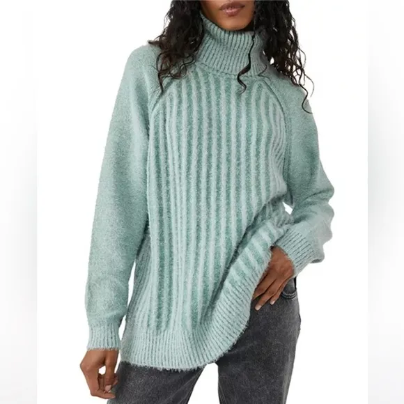 Free People Big City Ribbed Turtleneck Fuzzy Sweater Mint Green