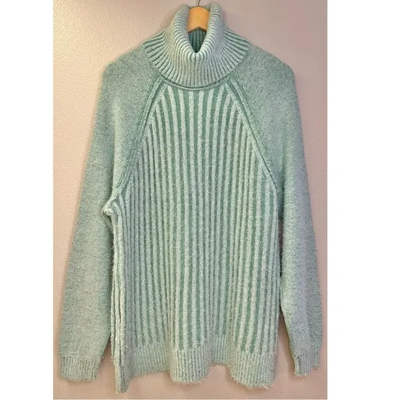 Free People Big City Ribbed Turtleneck Fuzzy Sweater Mint Green