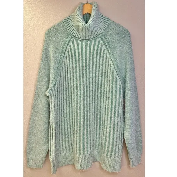Free People Big City Ribbed Turtleneck Fuzzy Sweater Mint Green