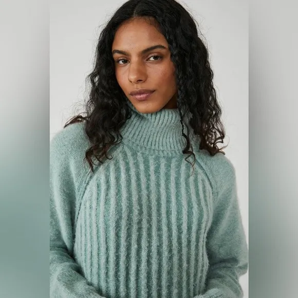 Free People Big City Ribbed Turtleneck Fuzzy Sweater Mint Green