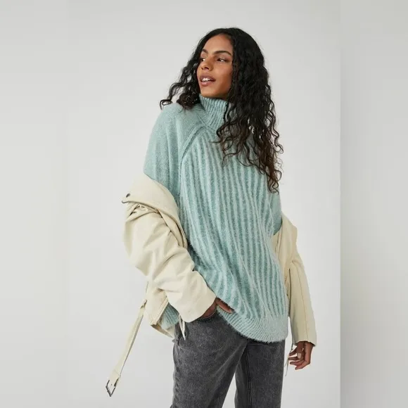 Free People Big City Ribbed Turtleneck Fuzzy Sweater Mint Green