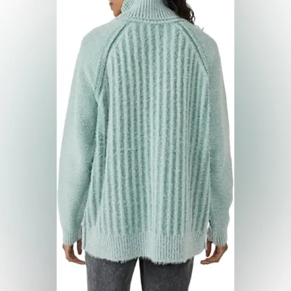 Free People Big City Ribbed Turtleneck Fuzzy Sweater Mint Green