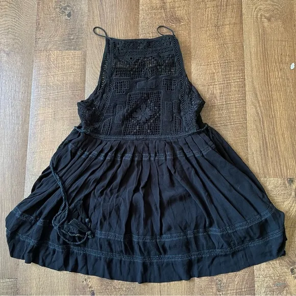 Free People Emily Crochet Illusion Black Flare Babydoll Dress Size Medium