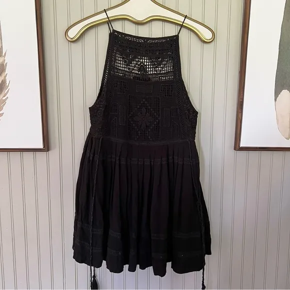 Free People Emily Crochet Illusion Black Flare Babydoll Dress Size Medium