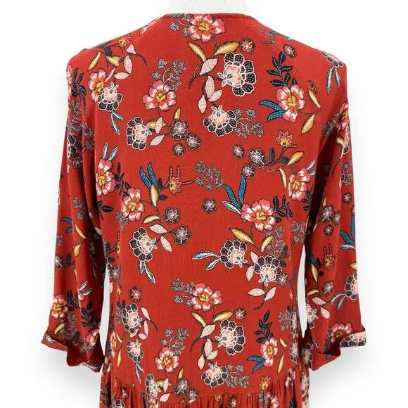 Garnet Hill Womens Floral Fit &amp; Flare Boho Dress Size 8 Orange Rust 3/4 Sleeves