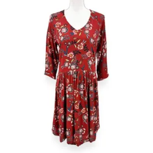 Garnet Hill Womens Floral Fit &amp; Flare Boho Dress Size 8 Orange Rust 3/4 Sleeves