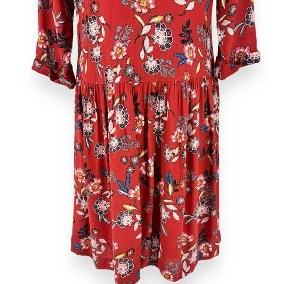Garnet Hill Womens Floral Fit &amp; Flare Boho Dress Size 8 Orange Rust 3/4 Sleeves
