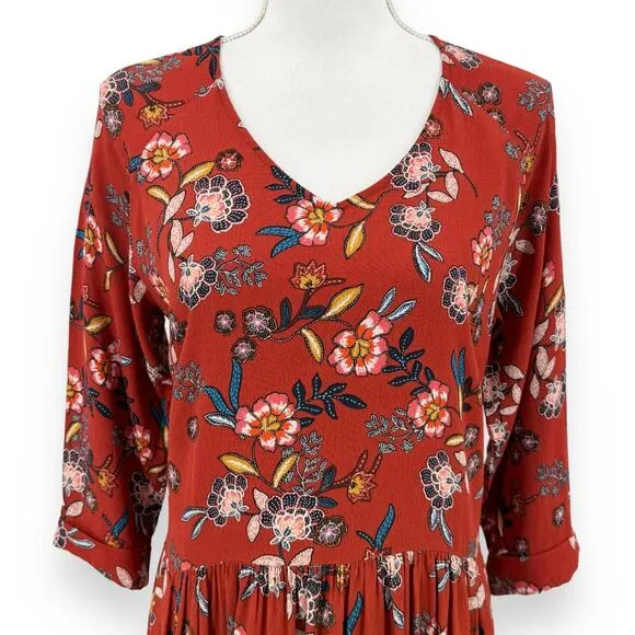 Garnet Hill Womens Floral Fit &amp; Flare Boho Dress Size 8 Orange Rust 3/4 Sleeves