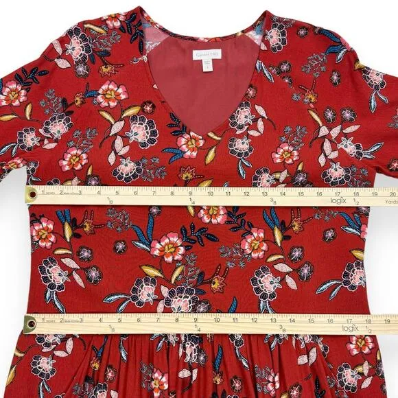 Garnet Hill Womens Floral Fit &amp; Flare Boho Dress Size 8 Orange Rust 3/4 Sleeves